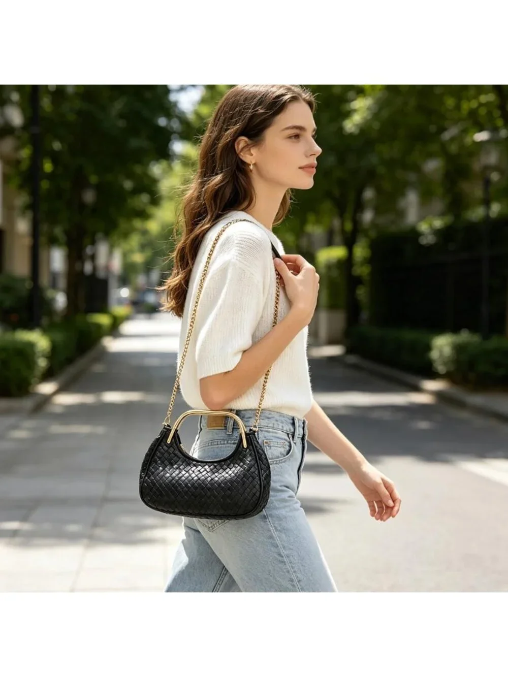 Trendy Woven Handbag for Women - Small Leather Top Handle Hobo Purse with Chain